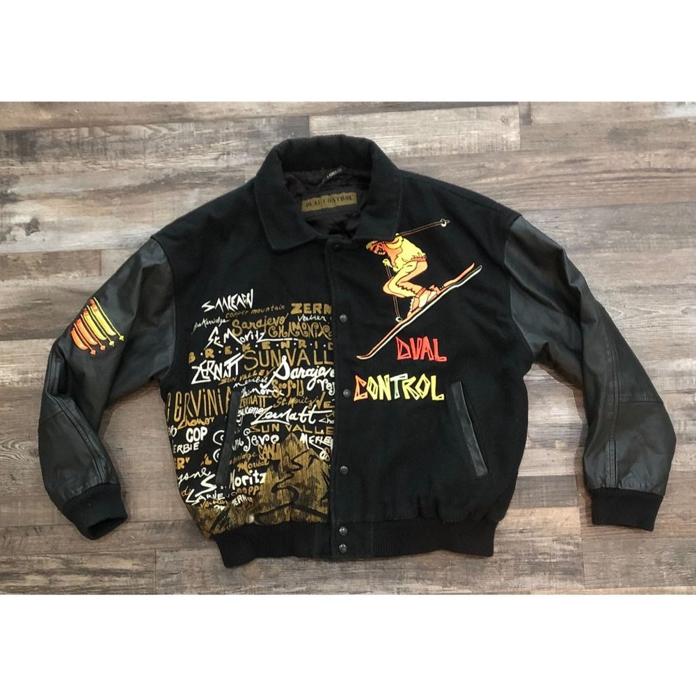 Dual Control Mens Large Black Ski Skiing All Over Print Button Up Jacket Vintage
